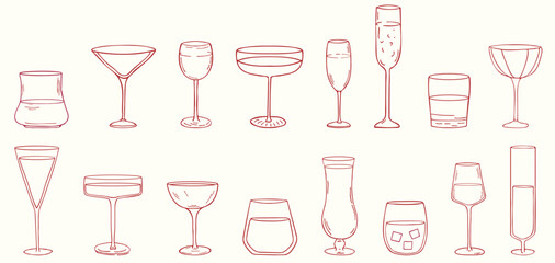 Hand drawn cocktail glasses line art set featuring a collection of elegant drinkware shapes. In crayon and sketch style., suitable for menus, branding, posters, wall art. Contour vector illustration.