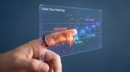 Hand interacting with futuristic order flow heatmap on transparent screen