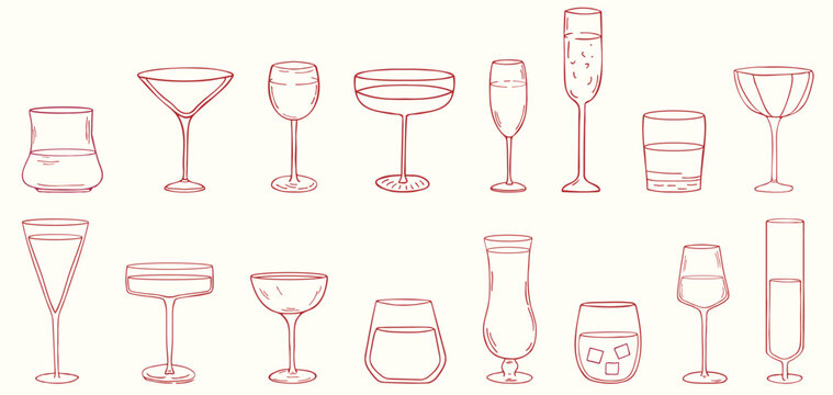 Hand drawn cocktail glasses line art set featuring a collection of elegant drinkware shapes. In crayon and sketch style., suitable for menus, branding, posters, wall art. Contour vector illustration.
