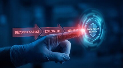 Cybersecurity concept with hand pointing to vulnerability patched shield