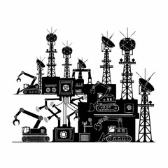 Obraz premium Industrial complex with robotic arms and communication towers.
