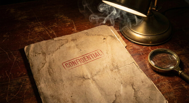 Old Confidential File Folder Lying on Detective Desk with Lamp