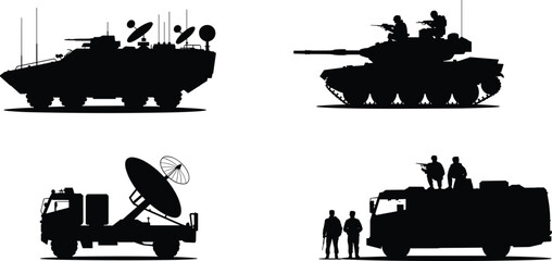 Obraz premium Military armored vehicles silhouettes set featuring tanks, radar trucks and troop carriers, modern army combat equipment collection isolated on white background