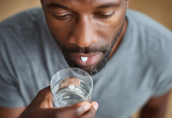 Close up of a Black man taking a white pill with a glass of water, healthcare and wellness concept for daily medication routine and medical treatment at home