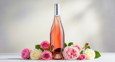 Elegant arrangement of roses and wine bottle for romantic occasions