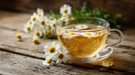 A calming cup of chamomile tea surrounded by fresh daisies on a rustic wooden surface © Nastya
