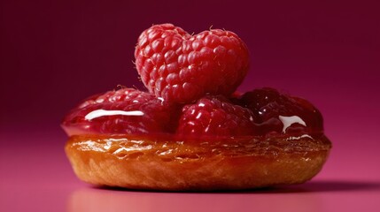 A glossy pastry topped with fresh raspberries presented in a vibrant minimal food composition