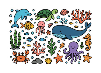 Obraz premium Marine life flat icon set. featuring dolphin, turtle, whale, octopus, crab, seahorse, jellyfish, coral, seaweed, and fish