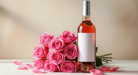 Romantic arrangement with pink roses and wine for special occasions