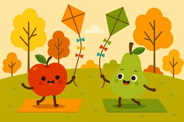 Cartoon apples and pears flying colorful kites in a park, autumn trees in the background, cheerful and vibrant, flat vector style.