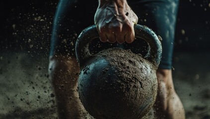 Muscular Man's Hand Gripping Heavy Muddy Kettlebell During Intense Workout with Dust Particles