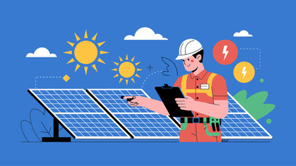 technician inspecting solar panels flat vector illustration for renewable energy
