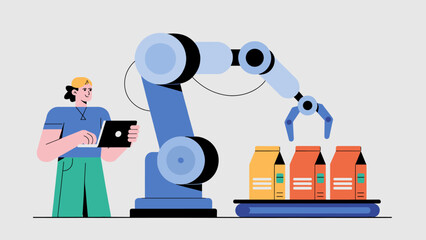 woman with a tablet controlling a robotic arm on a packaging line flat vector illustration