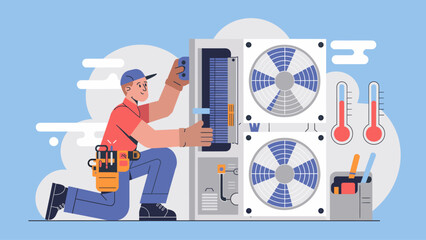 hvac technician repairing an air conditioning unit vector illustration