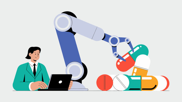 scientist using a laptop to control a robotic arm in drug manufacturing flat vector illustration