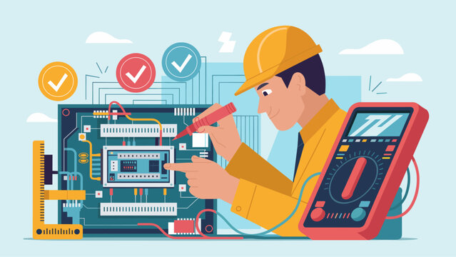 electronics technician testing a circuit board with a multimeter vector illustration