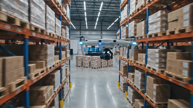 Advanced drone technology optimizes inventory management and logistics within a vast industrial warehouse, enhancing supply chain efficiency and modern automation