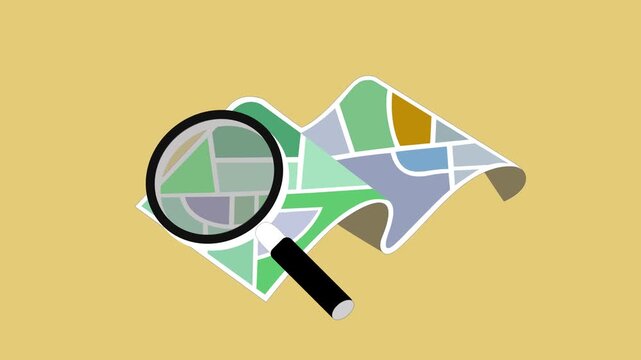 Magnifying Glass on Map Animated, Animation of a magnifying glass over a folded map