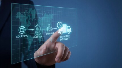 Businessman interacting with futuristic logistics interface for efficient delivery