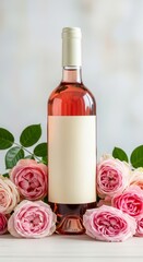 Elegant rose wine bottle with blank label surrounded by pink roses for wedding or celebration