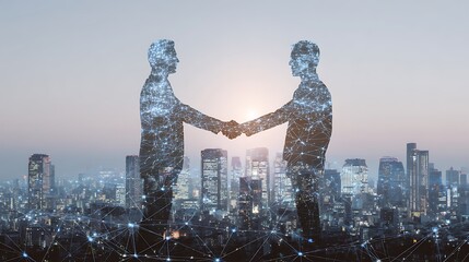 Two translucent figures shaking hands, city backdrop, network design, representing collaboration
