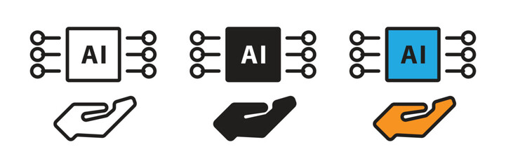 Human hand supporting a microchip processor with AI branding. Represents technological assistance, managed AI services, and human-centric artificial intelligence development.