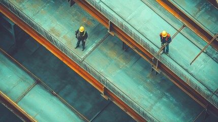 High-angle view of construction workers on a steel framework.