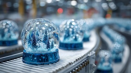 A row of snow globes filled with winter scenes travel along an automated assembly line