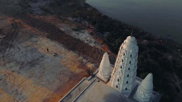 Cinematic Aerial View of Manas Temple Korba | Architectural Landscape, Lush Green Surroundings, 4K B-Roll Stock Footage