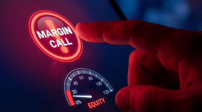 Businessman finger pressing margin call button with equity gauge