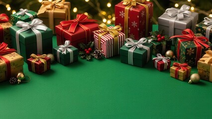 Assorted christmas gifts on a vibrant green surface with festive bokeh lights and copy space