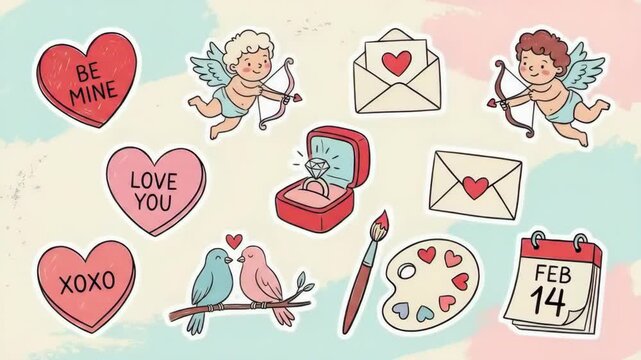 Valentines Day sticker set floating on pastel background featuring hearts cupid and ring animation
