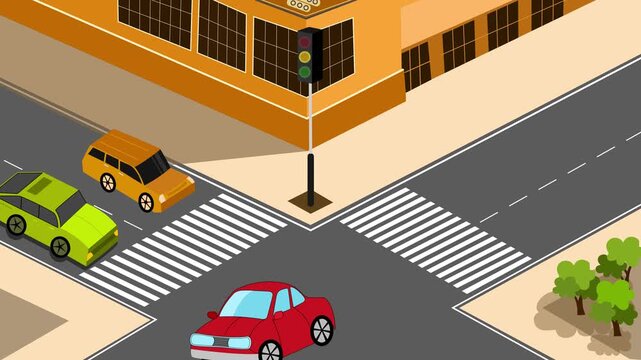 Car Accident at City Intersection, Animation of a car accident at an intersection with traffic lights