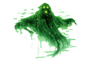 Green swamp creature ghost floating, mythical monster beast with glowing eyes, fantasy horror halloween costume element, transparent background