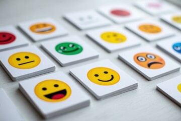 Colorful Emotion Cards Displayed on a Wooden Surface for Learning