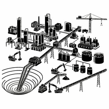 Industrial mining and processing plant with heavy machinery.