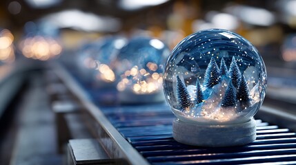 Rows of crystal globes with miniature winter landscapes moving on a conveyor belt