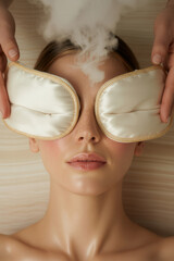 Woman receiving spa treatment with eye masks and steam in a luxury setting with soft lighting