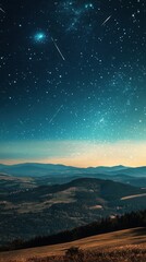 A dreamy night landscape with a meteor shower over rolling hills