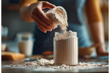 Woman pouring whole grain flour into a glass storage jar on a wooden table, sustainable kitchen organization and healthy food preparation for home baking and nutrition
