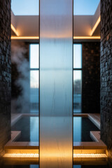 Glass partition in spa with steam, water, and stone walls on either side with natural light