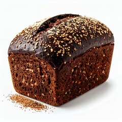 Isolated delicious dark rye bread loaf with a scattering of seeds on white backdrop
