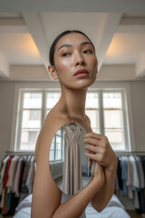 Woman holding dress in mirror reflection with clothing rack and window in background