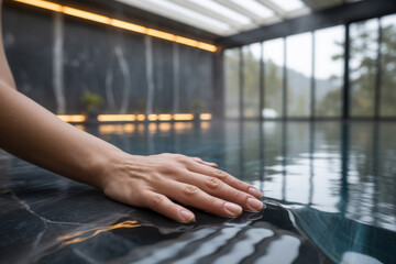 Hand resting on edge of pool with water surface reflecting light and large windows in background