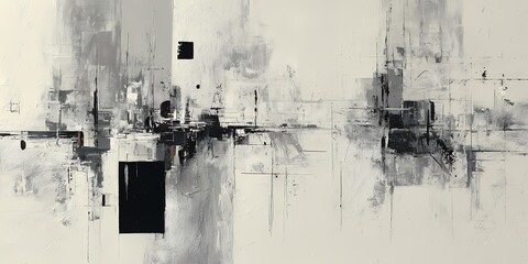 An abstract black and white painting featuring geometric shapes and chaotic brush strokes, creating a sense of depth and movement.
