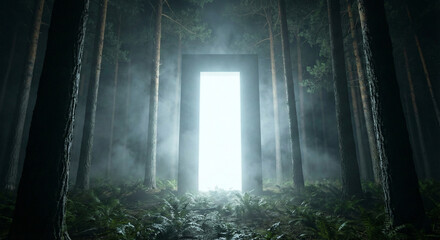 Glowing Rectangular Portal Standing in Dark Foggy Forest Night © sxcd