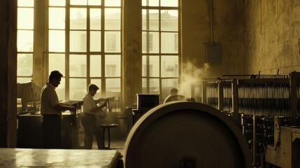Workers tending machinery in a sepia-toned factory.