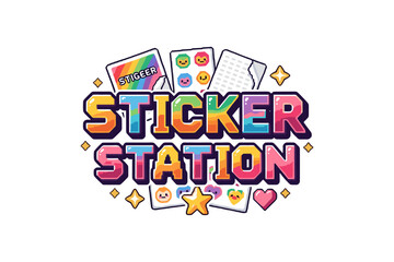 Colorful sticker station with sparkles and emoji icons in bold typography