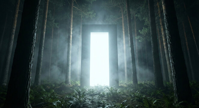 Glowing Rectangular Portal Standing in Dark Foggy Forest Night