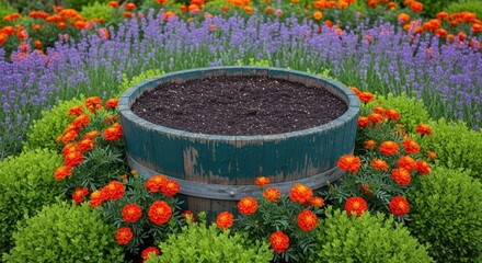 A rustic wooden barrel planter brimming with dark soil, encircled by a vibrant array of orange and purple flowers in a lush garden setting.